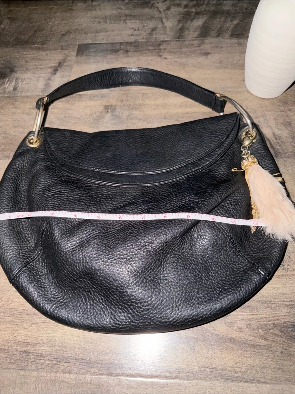 Vintage Juicy Couture Black Pebbled Leather Shoulder Bag with rabbit foot Tassel